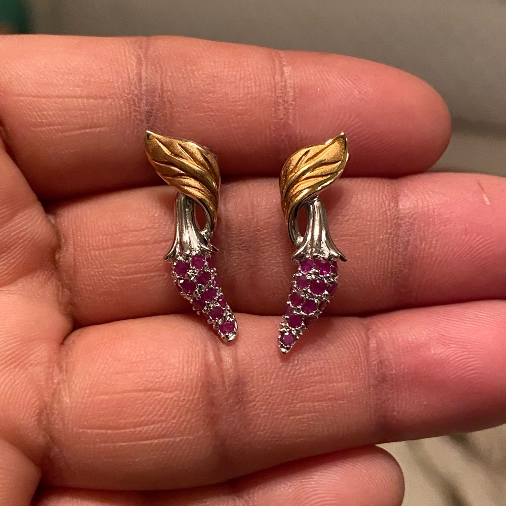 Vintage Sterling Silver with Gold Leaf Drop Earrings with Red Ruby Accents